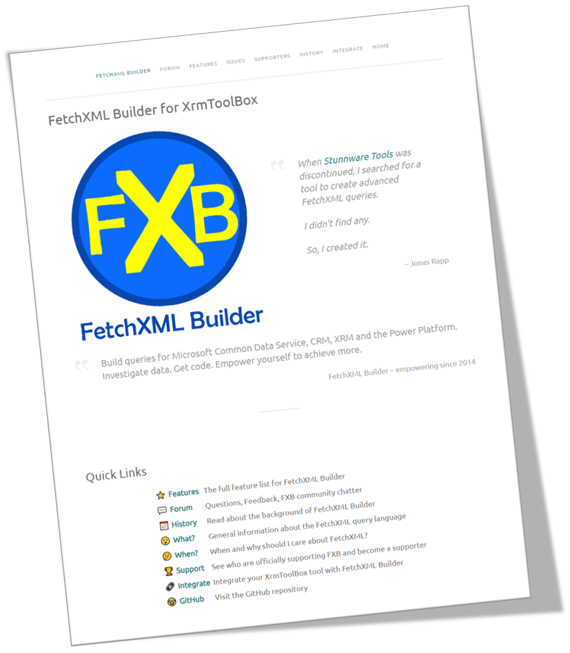 Sample screenshot of fetchxmlbuilder.com home page.